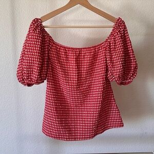 NWOT Boston Proper Red Gingham Off Shoulder Top, SIZE SMALL